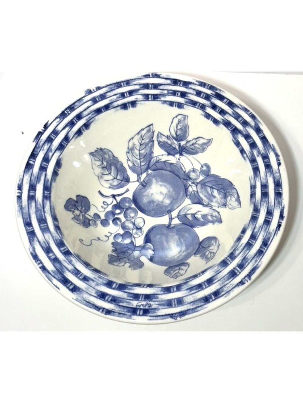 Pier 1 Blue & White Italian Ceramic Bowl Mediterranean Fruit Lattice 12"